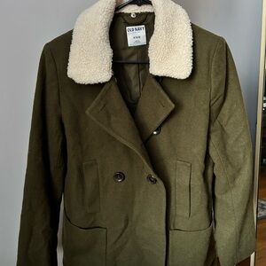Old Navy Women's Olive Green Pea Coat with Cream Removable Collar